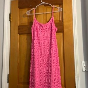 Long pink Lilly Pulitzer strapless dress with back zipper and lace overlay